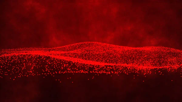Red dots particles wave pattern halftone gradient curve shape isolated on red smoke background. Big data background design.