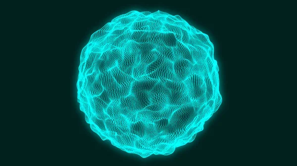 粒子抽象球面上的环形畸变波 抽象网状球体 粒子的波涛在深色背景上与网点和线条相连的波浪 — 图库照片