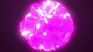 Neon mermilerden yapılmış küre. Çok parçalı kırmızı gül. Açık pembe, çok pürüzsüz, parlayan çok boyutlu enerji küresi. Açık pembe parlak pembe kozmos dalgası mor sırtında izole edilmiş.