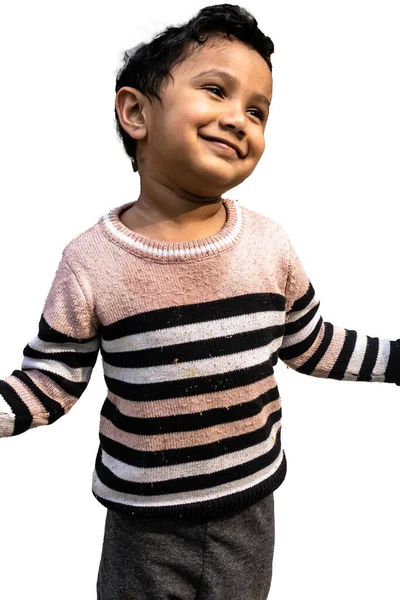 Uroczy Chłopczyk Stojący Przezroczystym Białym Tle Przyjemnością Pokazał Uśmiechniętą Buźkę — Zdjęcie stockowe