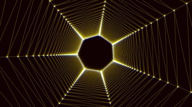 Eğimli tünelin tavanda LED ışıklar ve yıldız ışığıyla yansıtılan 3D yansıması modern teknolojinin çarpıcı bir görsel gösterimidir. Hızlı iş reklamları için güçlü bir geçmiş olarak kullanılabilir ya da bir fütürist olarak.