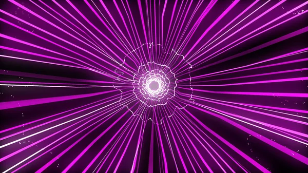 Warp loop with colorful 3D rendering. Hyperspace jump to an other galaxy. Moving neon illuminating rays. Blue and purple star trails represent an abstract retro of warp or hyperspace travel.