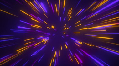 Uzaydaki Starfield. Neon ışınları ve soyut parçacıkların arka planı. Işık Çizgileri Olan Hızlı Hareketli Neon Parçacıkları