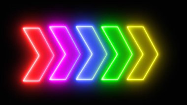 Çok renkli neon işaretli ok. Renkli ve parlak neon oklar ve ışık işareti. Parlak neon ok kümesi. Ok vektör simgesi.