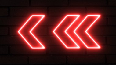 Parlak yönlü sol ok neon ışığı. Sola bakan parlak kırmızı neon ışıklı oklar. Yanma yön göstergeleri. Bir tuğla arka planında parlayan neon okların 3B görüntülenmesi