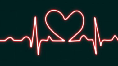 Kalp atışı, nabız izi. Parlak kırmızı neon aşk şekli kalp atış çizgisi ikonu mavi şebeke arka planında izole. Sağlık ve Tıbbi Analiz için EKG veya EKG kardiyo sembolü. vektör illüstrasyonu
