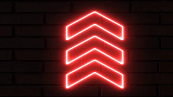 Yukarıya bakan parlak kırmızı neon ışıklı oklar. Yanma yön göstergeleri. Siyah arkaplanda parlayan neon okların 3B görüntülenmesi
