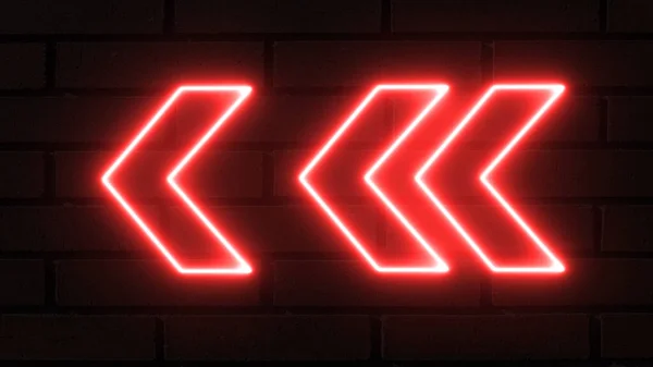 Parlak yönlü sol ok neon ışığı. Sola bakan parlak kırmızı neon ışıklı oklar. Yanma yön göstergeleri. Bir tuğla arka planında parlayan neon okların 3B görüntülenmesi
