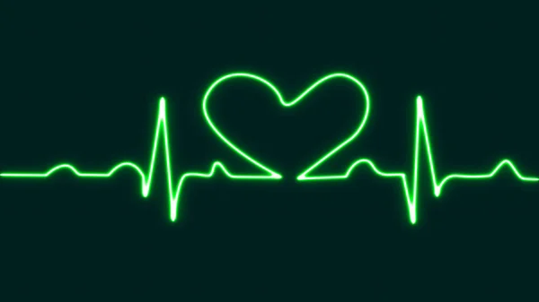 Parlayan Yeşil Neon Aşk Şekli Kalp Atış Çizgisi Ikonu Mavi — Stok fotoğraf