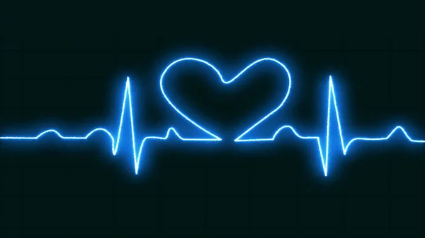 Ярко Синий Неоновая Форма Любви Значок Линии Сердцебиения Изолированы Синем — стоковое фото