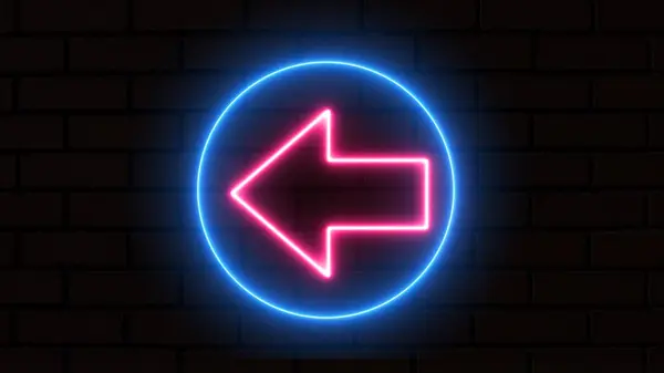 Neon arrow symbol icon. Directional sign. The purple-colored arrow points to the left. Flashing neon icon to the left arrow. neon arrow sign
