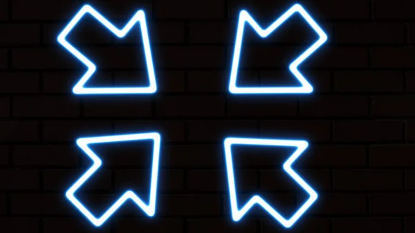 Neon arrow symbol icon. The blue-colored arrow points from the corner to the center. Flashing neon icon to the center arrow.  Directional sign. neon arrow sign