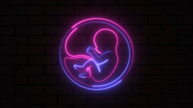 Rahimde bir plasenta ve mavi ve mor parlayan fütürist bir çocuk. Neon embriyo çocuk simgesi hizada. Rahimde bir insan bebeği