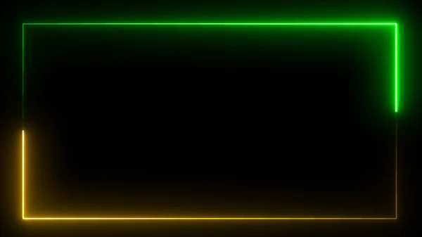 Green and yellow neon color rectangle empty frame. Square rectangle picture frame with two tone neon color motion graphic on isolated black background. Empty copy space middle