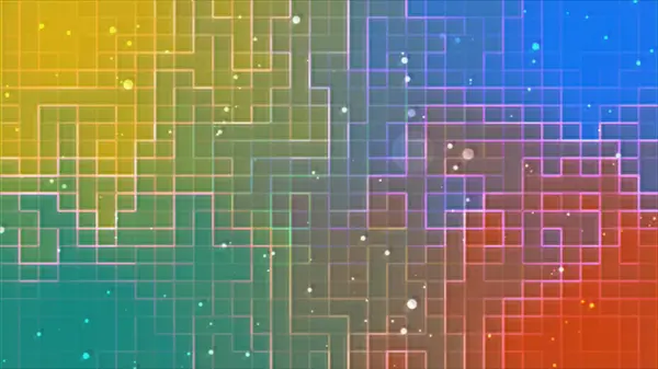 Digital square grid and moving particles isolated on gradient background. Pixelated technology background with Colored Squares. Seamless looping animation.