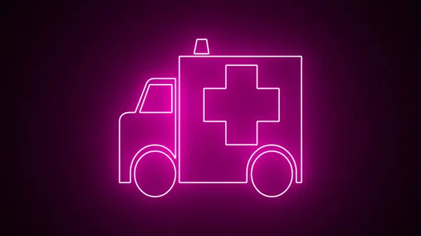 Purple neon ambulance vehicle for medical evacuation. Glowing neon light ambulance icon, medical equipment icons. and car icon