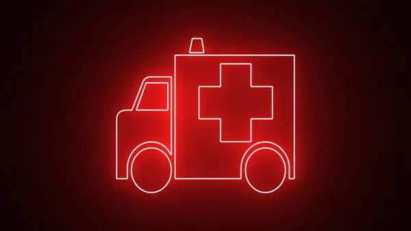Red neon ambulance vehicle for medical evacuation. Glowing neon light ambulance icon, medical equipment icons. and car icon