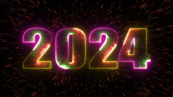 Glowing neon text 2024 line and bold light blue neon shining typography with sparkle firework on black isolated background