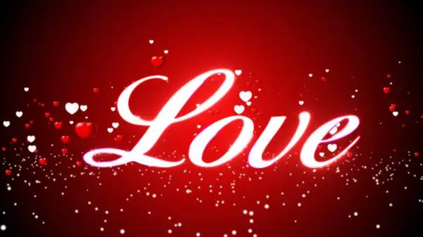 Neon text: Love, with an animated love-shaped heart. Concepts of emotions, love, relations, and romantic holidays. Silhouettes and illumination on a brick wall background