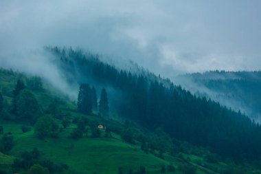Sis bulutlarıyla baharda yüksek dağlar