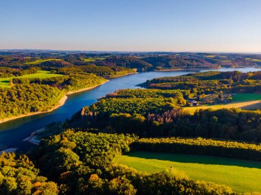 Yeşil dağların ve nehrin havadan görünüşü, yukarıdan manzara.