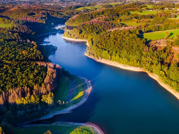 Yeşil dağların ve nehrin havadan görünüşü, yukarıdan manzara.