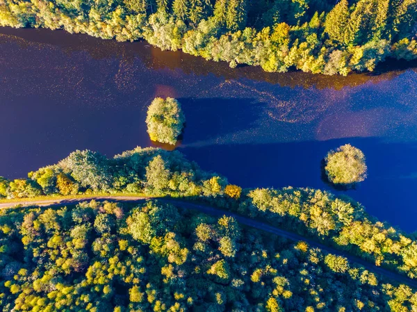 Yeşil dağların ve nehrin havadan görünüşü, yukarıdan manzara.
