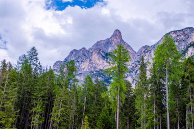Alplerdeki dolomite dağları bulutlu ve manzara sisli.