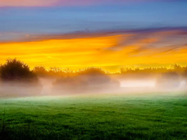 stock image morning field with fog on colorful sunrise