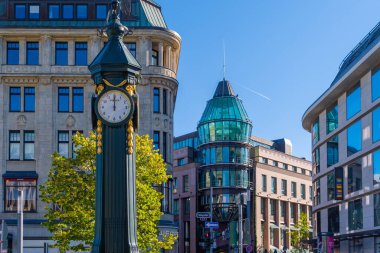 Almanya 'nın Düsseldorf şehrinde Ren nehri. Binaları olan ünlü bir yer.