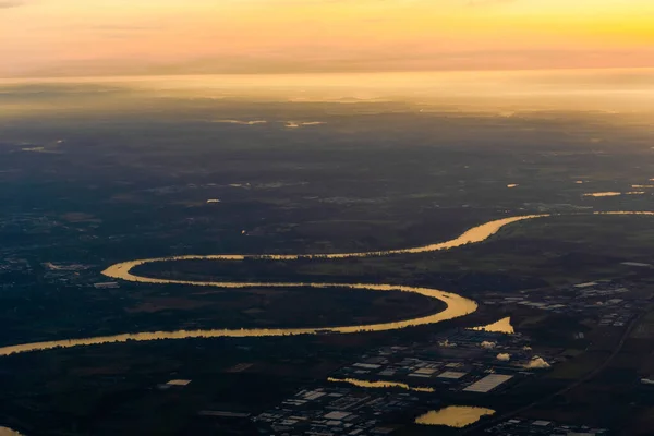 Sunset aerial view of Dusseldorf Rhein river in Germany