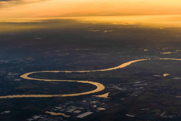 Sunset aerial view of Dusseldorf Rhein river in Germany