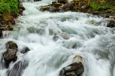 Dağlardaki nehir, harika bahar manzarası.