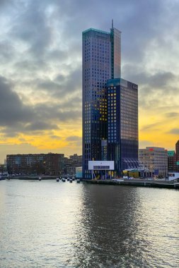 Roterdam şehri, Hollanda. Limanı ve Erasmus Köprüsü, Rotterdam Skylines ile mimari başkenti.