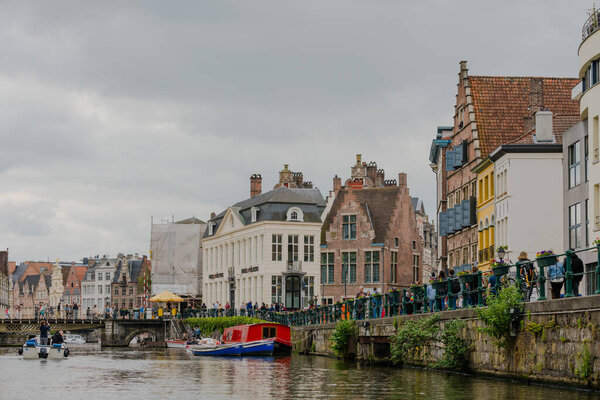 Belgium, Ghent city, old town, historical houses at River Leie at dusk