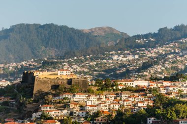 Güzel dağ manzarası ve Madeira adasının okyanus kıyıları, Portekiz