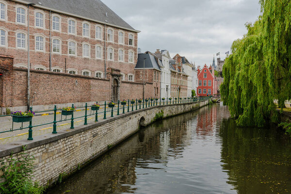 Belgium, Ghent city, old town, historical houses at River Leie at dusk
