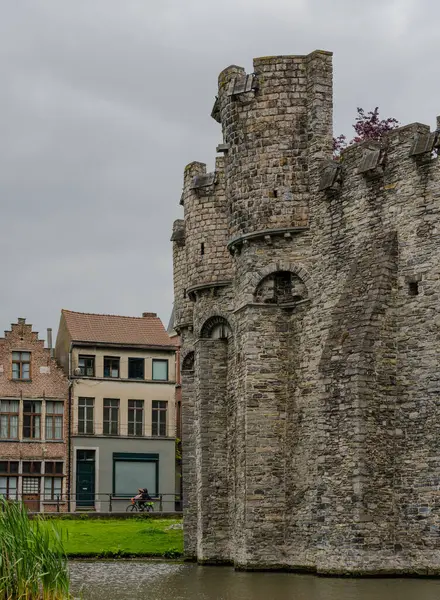 Belçika Gent Şehri Eski Kasaba Alacakaranlıkta River Leie Deki Tarihi — Stok fotoğraf