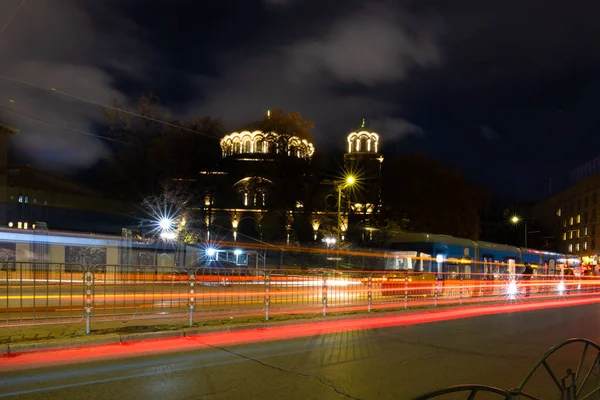 Night Scene Tram Traffic Crossing Lighttrail — Stock Photo, Image