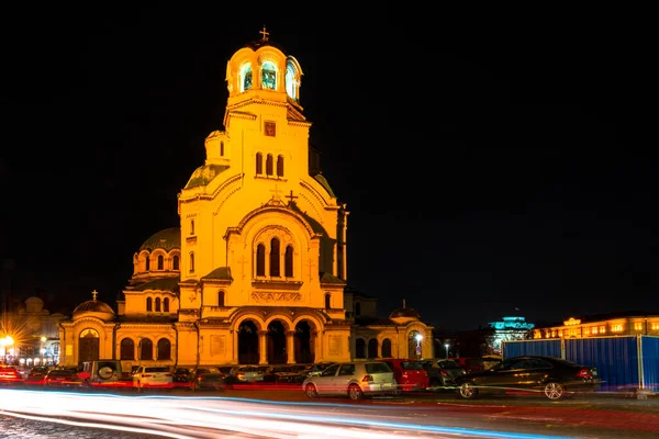 Cattedrale Saint Alexander Nevsky Crepuscolo Con Luci Dell Auto Sofia — Foto Stock