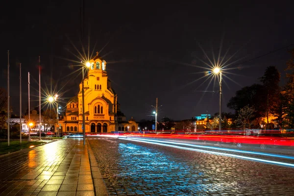 Saint Alexander Nevsky Cathedral Dusk Car Lights Sofia — Stock Photo, Image