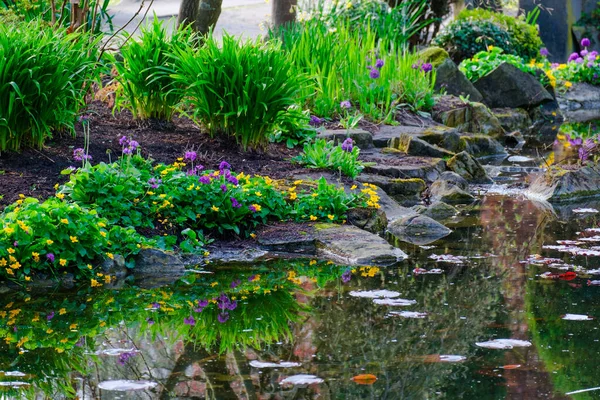 Beautiful pond with flowers in zen garden at springtime