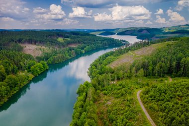 Yeşil yaz ormanı ve mavi nehir manzarası.