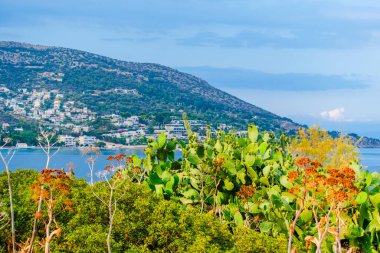 Kıyı açıklarında mavi deniz, kaya oluşumları, Yunanistan