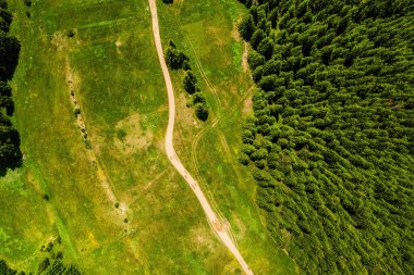 Hava manzaralı, havadan çekilmiş güzel doğal yeşil orman arazisi.