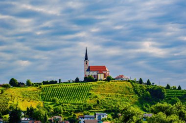 Bulutlu gökyüzünde kilise ve üzüm bağının manzarası