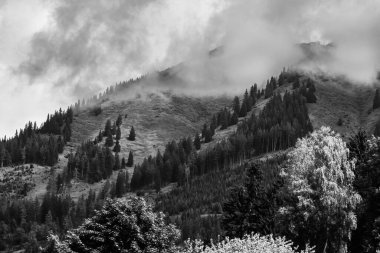 Fırtınalı bulutlarda Alpler Dağları, siyah beyaz