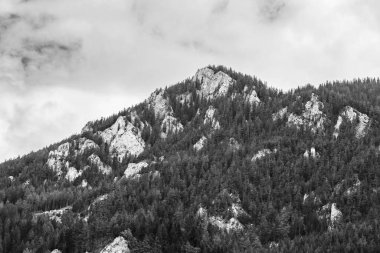 Fırtınalı bulutlarda Alpler Dağları, siyah beyaz