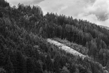 Fırtınalı bulutlarda Alpler Dağları, siyah beyaz