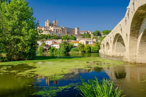 stock image Pont Vieux- A bridge spans a river with a castle in the background. The bridge is made of stone and is a beautiful sight